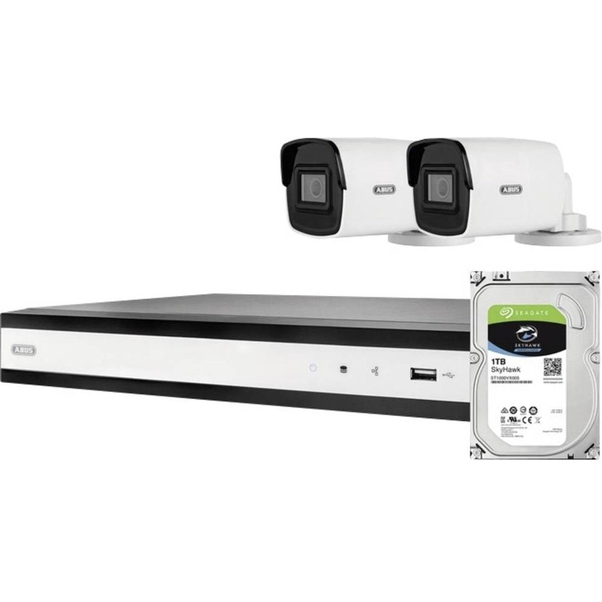 Abus Komplett-Set mit 2 PoE TVVR36423T Mini Tube-Kameras + Rekorder (1920 x 1080 Pixels), Telecamera di rete, Nero, Bianco
