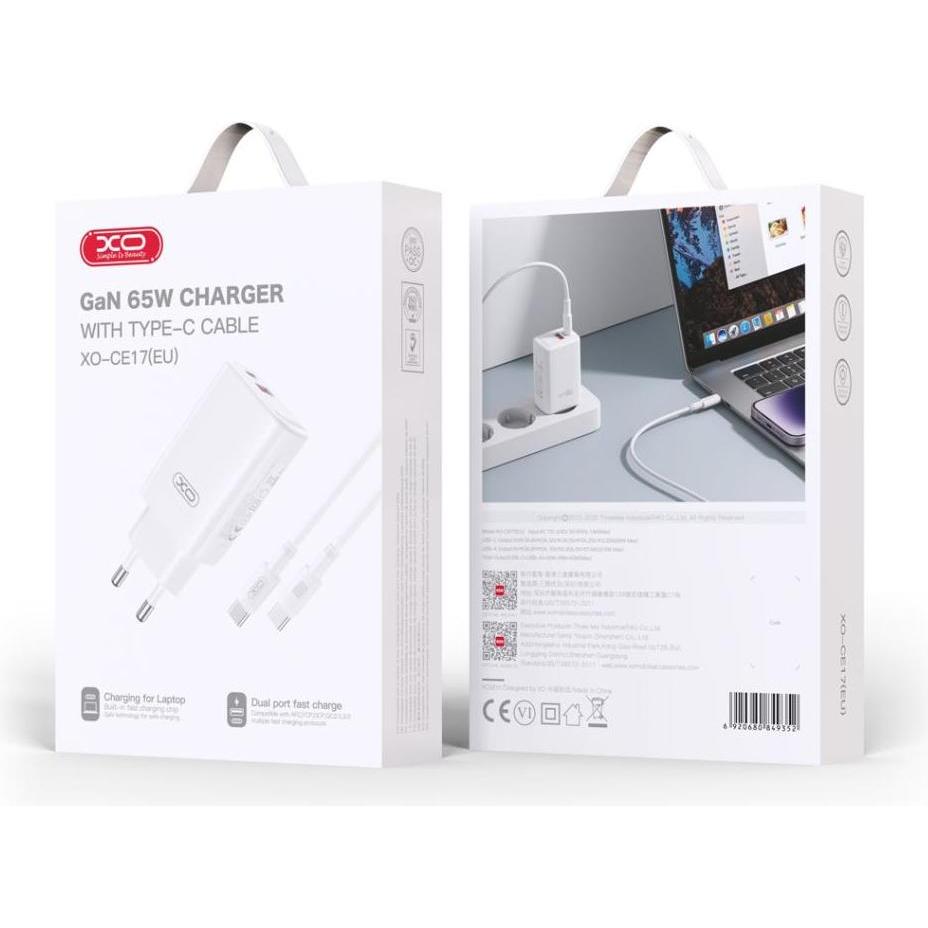Thumbnail - xO Wandladegerät CE17 PD 65W 1x USB-C 1x USB weiss + Kabel USB-C - USB-C (65 W), USB Ladegerät, Weiss