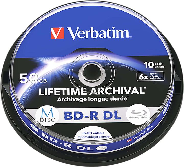 Actual product image Verbatim 1x10 M-Disc BD-R BluRay 50GB 6x Speed Cakebox printable (10 x)