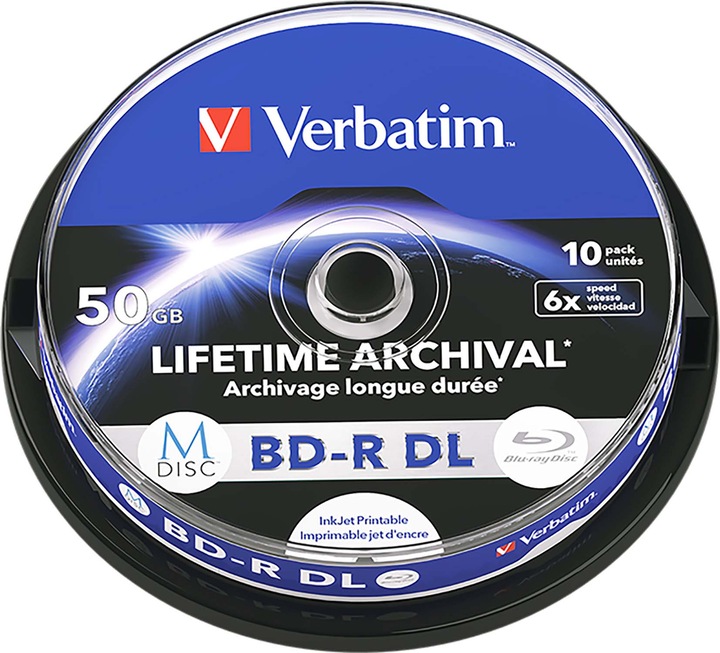 Actual product image Verbatim 1x10 M-Disc BD-R BluRay 50GB 6x Speed Cakebox printable (10 x)