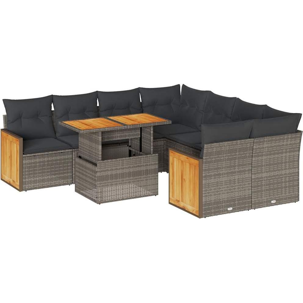VidaXL, Gartenlounge, 9-tlg. Garten-Sofagarnitur mit Kissen Grau Poly Rattan Akazie