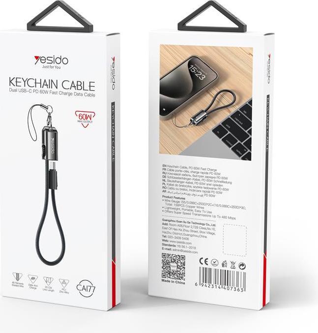 Immagine prodotto Yesido Cavo dati di ricarica rapida da USB-C a USB-C 60W, 20 cm - nero (0.20 m, 60 W)