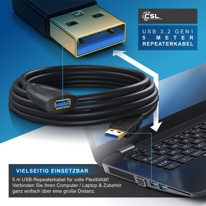 Produktbild CSL USB 3.0 Verlängerungskabel - Verstärker - Repeaterkabel - Repeater Kabel mit Signalverstärkung (5 m, USB 3.0)