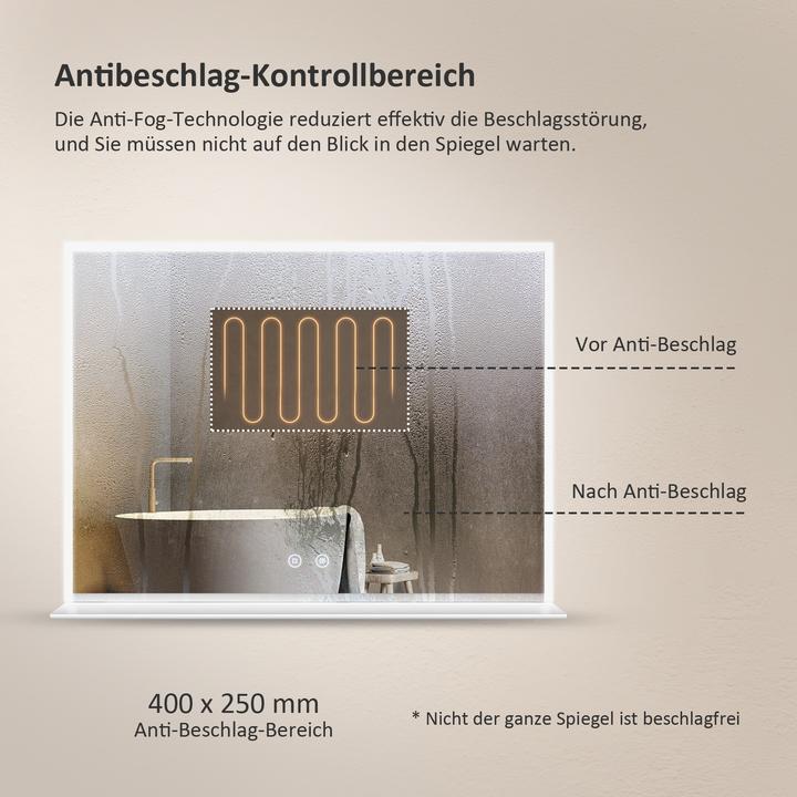 Produktbild Emke Badspiegel mit Beleuchtung 60*80cm, Beschlagfrei, Kaltweiss6500Kund Dimmbar, Glasablage (80 x 12.50 cm)