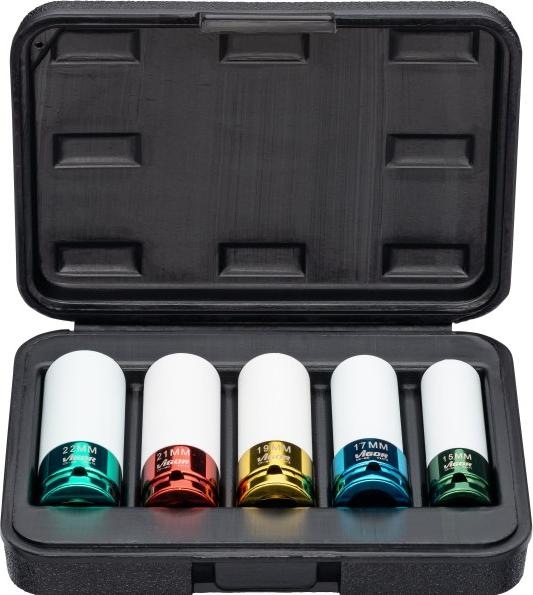Actual product image Vigor Impact spanner socket set ∙ V2257 ∙ Square12.5 mm (1/2 inch) ∙ Outside Six... (22 mm, 15 mm, 17 mm, 19 mm, 21 mm)