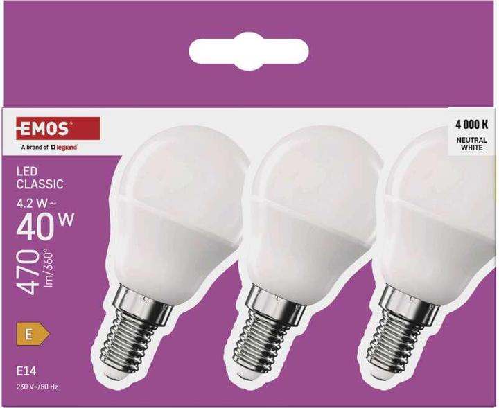 Actual product image Emos LED lamp Classic Mini Globe / E14 / 4.2 W (40 W) / 470 lm / Neutral white (E14, 470 lm, 3 x)