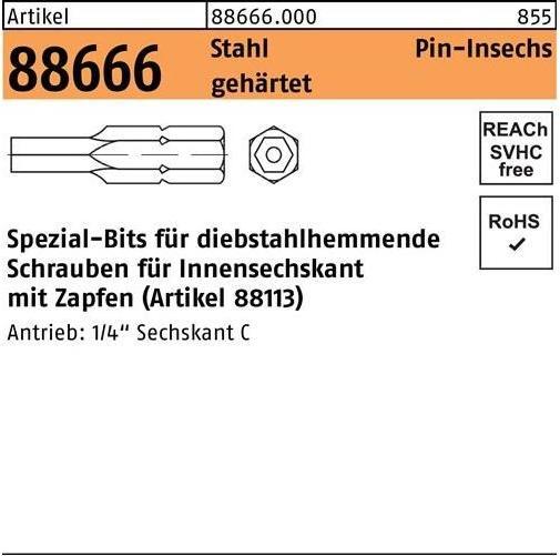 Productafbeelding Bit R 88666 Binnenzeskant met stift SW2 /M 3+M3.5 gehard staal (Zeskantbus TX)