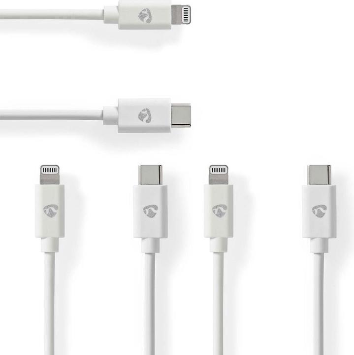 Immagine prodotto Nedis Set di 3 cavi di ricarica per iPhone, cavo Lightning, USB-C, certificato MFi, 2 m, bianco (2 m, USB 2.0, 18 W)