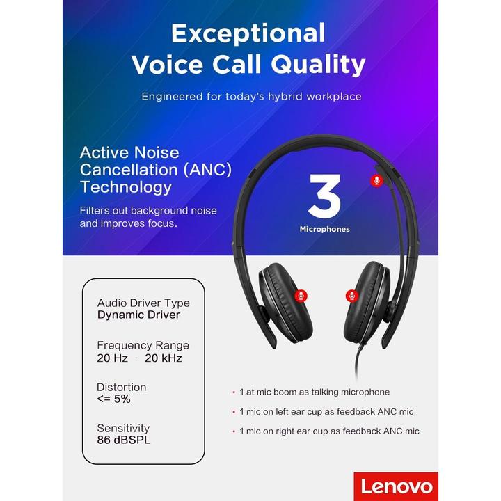Actual product image Lenovo Wired Anc Headset Gen 2 Uc (Cable, USB-C)