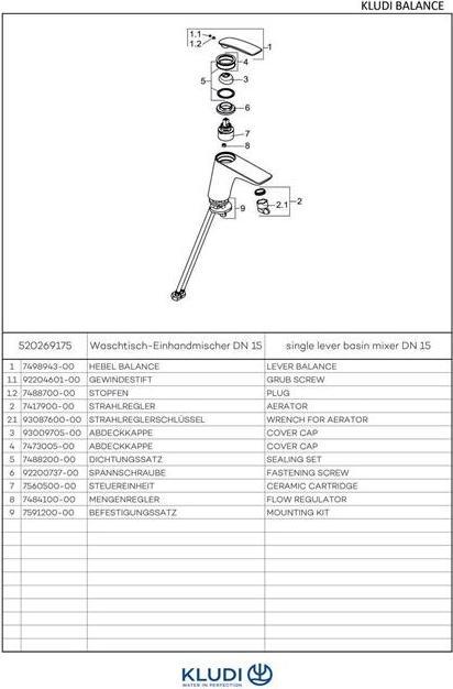 Produktbild Kludi Waschtisch-Einhandmischer BALANCE DN 15 ohne Ablaufgarnitur we/chr