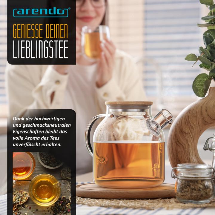 Produktbild Arendo Teekanne 1,4l,Teebereiter aus Borosilikatglas, Sieb & Bambus Deckel für losen Tee, hitzebeständig (1.40 l)