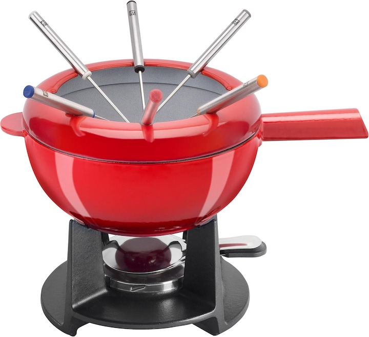 Zwilling Fondue-Set aus Gusseisen 20 cm rot mit 6 Edelstahlgabeln (Käsefondue, Schokoladenfondue)