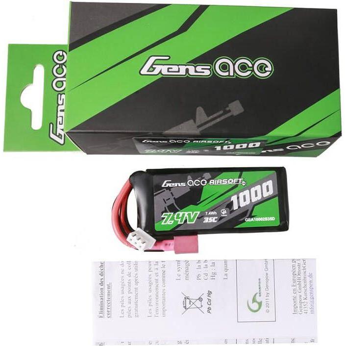 Thumbnail - Gens Ace 35C 1000mAh 2S1P 7.4V Airsoft Gun Lipo Battery with T Plug (7.40 V, 1000 mAh)
