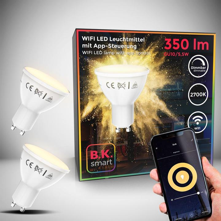 Actual product image B.K.Licht WIFI LED bulb, set of 2, GU10/5.5W/350lm (GU10, 350 lm, 2x)