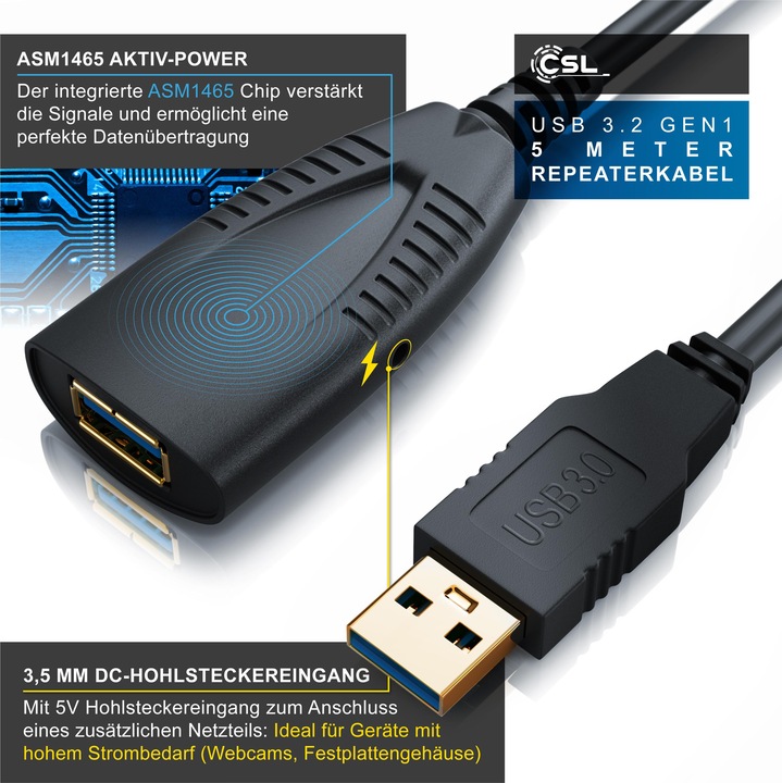 Produktbild CSL USB 3.0 Verlängerungskabel - Verstärker - Repeaterkabel - Repeater Kabel mit Signalverstärkung (5 m, USB 3.0)