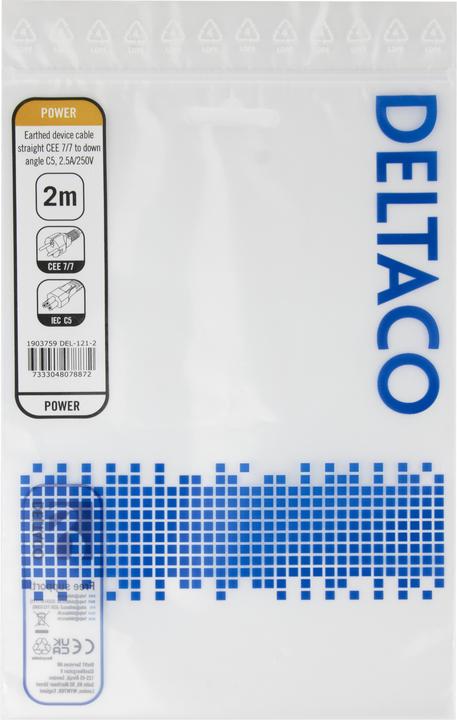 Produktbild Deltaco Device Cable, straight CEE 7/7 - down angle IEC C5, 2,0m (2 m)