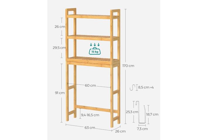 Produktbild Songmics Badezimmerregal mit 3 Ablagen 63 x 170 cm, Braun