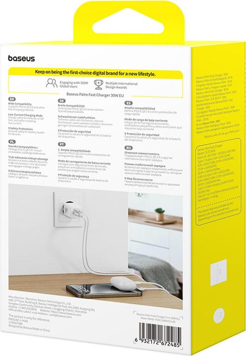 Productafbeelding Baseus - Wall Charger Palm (P1011160A213-00) - Fast Charging, 2in1, USB, Type-C, 30W - Moon White (30 W)