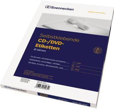 Soennecken Etikett-ILK 116mm O weiss 200 Stück fuer CDs/DVDs inkl.Zentrierhilfe