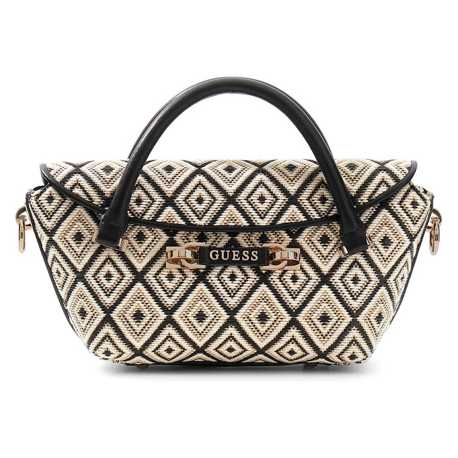 Guess, Damen, Handtasche, Sophia Mini Satchel, Schwarz, Braun, Beige