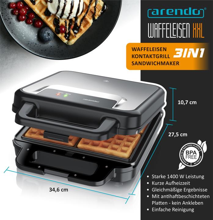 Image du produit Arendo 3-in-1-Sandwichmaker Waffeleisen & Kontaktgrill, abnehmbare Platten, 1400 W, Waffel & Grill, Panini