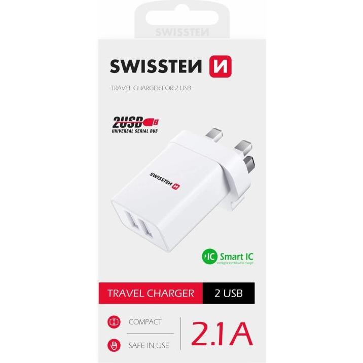 Thumbnail - Swissten Travel Charger 2X USB 10,5W For Uk Socket White (10.50 W), USB Ladegerät, Weiss