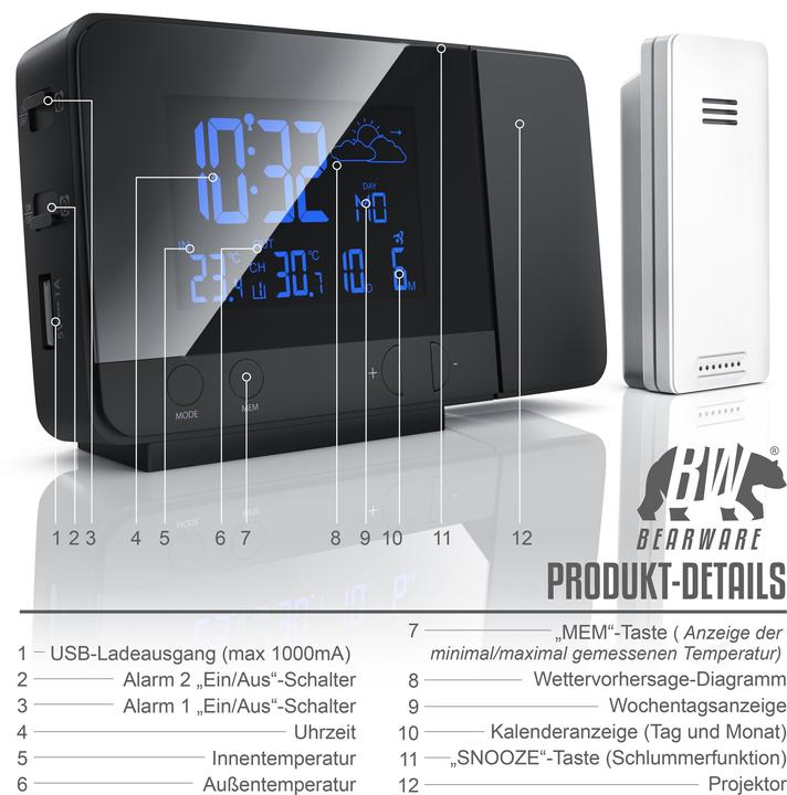 Produktbild Bearware Wetterstation mit Aussensensor, Funkwetterstation, Projektionsanzeige DCF-Funkuhr, Wettervorhersage