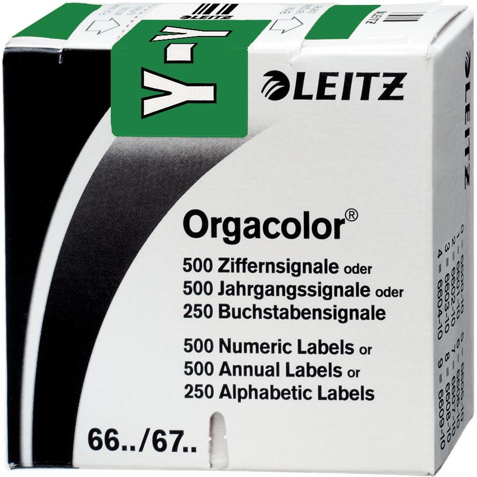 Leitz, Ordner Zubehör, Buchstabensignal Orgacolor "Y", auf Rolle, dunkelgrün Masse: (B)30 x (H)23 mm, auf Trägerbandro