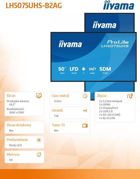 Image du produit iiyama 50" 3840x2160, UHD VA panel, Haze 25%, 5 (3840 x 2160 pixels, 49.50")