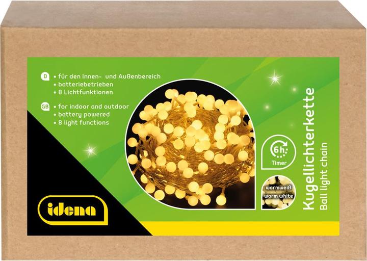 Image du produit Idena Guirlande lumineuse LED en forme de boule avec minuterie 6h pour 3 piles AA blanc chaud 100 LED (10.20 m)