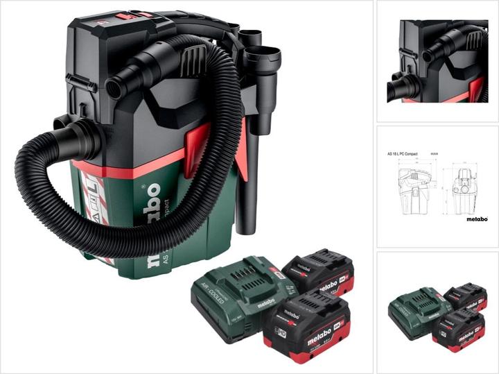 Metabo AS 18 L PC Compact cordless vacuum cleaner 18 V 6 l IPX4 dust class L wet and dry + 2x rechargeable (Wet dry vacuum cleaner)