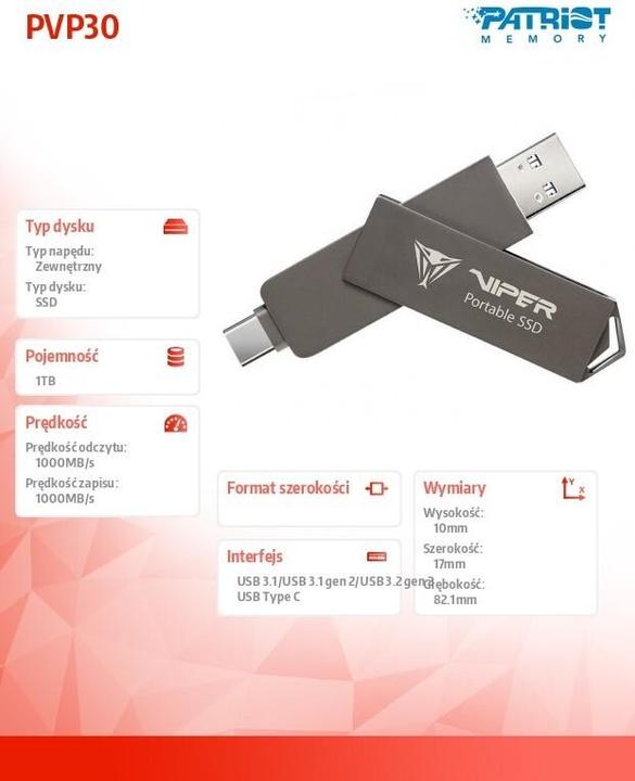 Actual product image Patriot Dysk SSD PVP30 1TB 1000MB/s USB Duo A+C 3.2 Gen2 Alu (1 TB)