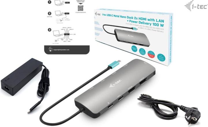 Produktbild i-tec Metal USB-C Nano 2x Display Docking Station with PD 100 W + Charger 100W, Kabelgebunden, USB 3 (USB-C, 5 Ports)