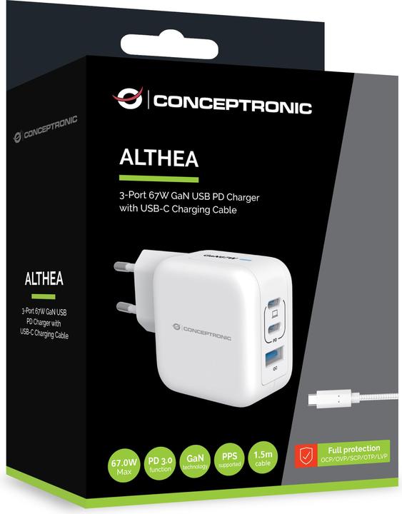 Produktbild Conceptronic Ladegerät 3Port 67W,2xUSB-C,3-in-1 USB-A PD ws (67 W, 3 Ports)