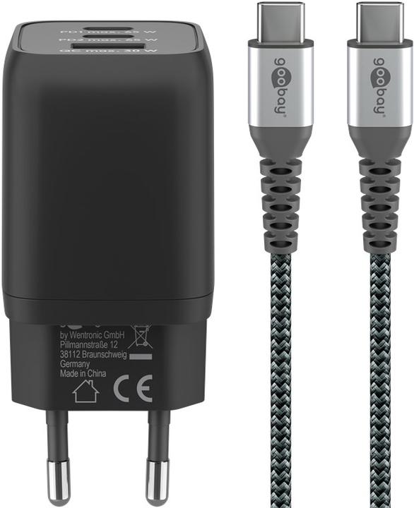 Actual product image Goobay Quick charging set Nano (65 W) and textile cable 1m (65 W, 3 ports)