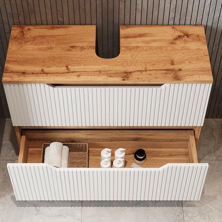 Actual product image Vicco Waschbeckenunterschrank Lotta, Eiche/weiss gestreift, 79.6 x 62.5 cm mit 2 Schubladen (79.60 x 32 x 62.50 cm)