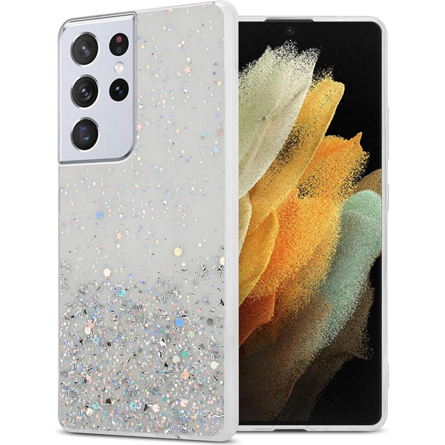 Cadorabo TPU Cover funkelnder Glitter (Samsung Galaxy S21 Ultra), Smartphone Hülle, Transparent