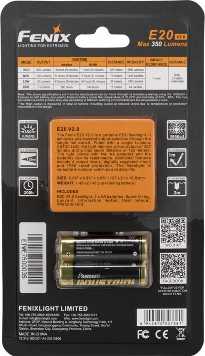 Actual product image Fenix LED Flashlight E20 V2.0 (12.70 cm, 350 lm)