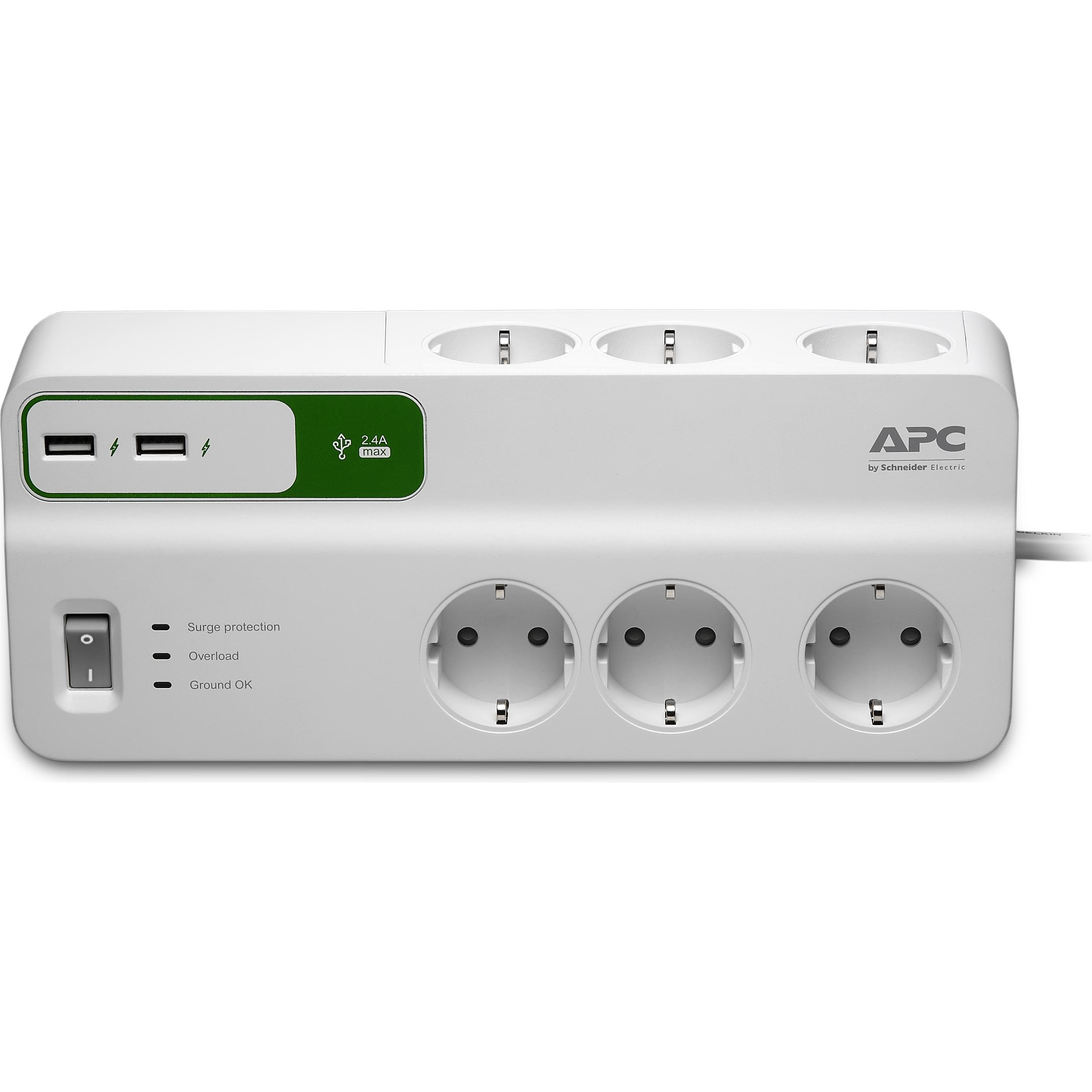 APC, Steckdosenleiste, Essential SurgeArrest 6 outlets with 5V, 2.4A 2 port USB charger, 230V Germany (8 x, USB-A, 2 m)