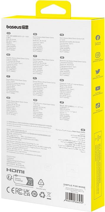 Actual product image Baseus Metal Gleam 7in1 HDMI 4K 60Hz USB-C Hub / 3x USB 3.0 / USB-C PD / SD / microSD - Grau (USB-C, 7 ports)