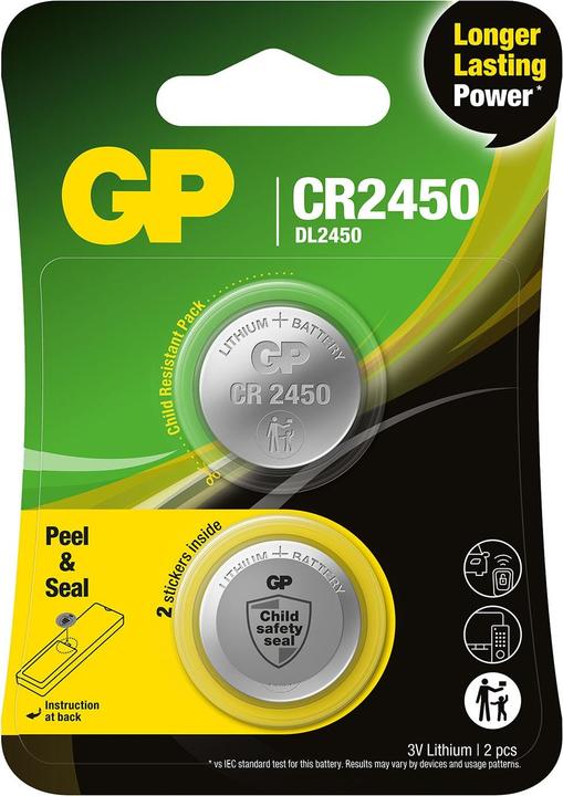 Actual product image GP Batteries GP Coin cell battery CR2450 3V Safety Seal - 2-pack (2 pcs., CR2450)