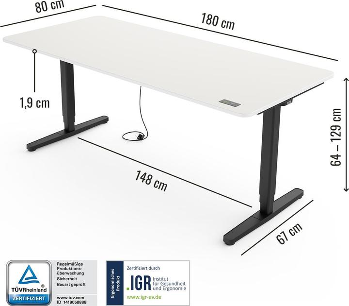 Image du produit Yaasa Desk Pro - bureau réglable en hauteur (180 x 80 x 129 cm)