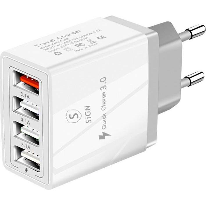 SIGN Fast Charger 4xUSB-A, PD & Q.C 3.0, 33W - White (33 W), USB Ladegerät, Weiss