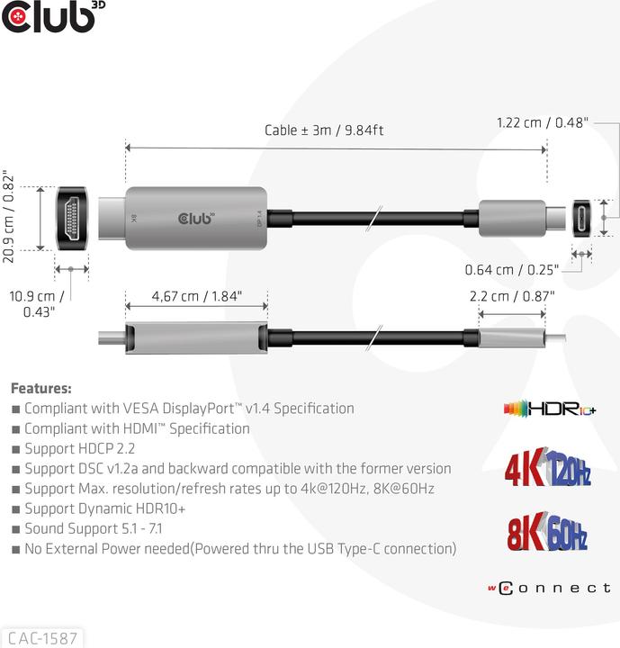 Produktbild Club 3D HDMI (Typ A) — USB C (3 m, USB Typ C, HDMI, 2.1)