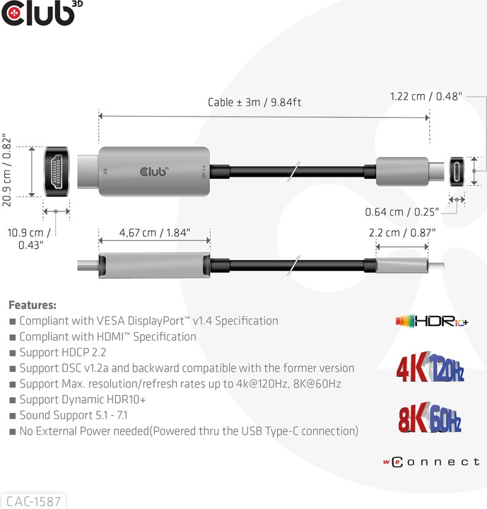 Produktbild Club 3D HDMI (Typ A) — USB C (3 m, HDMI, USB Typ C)