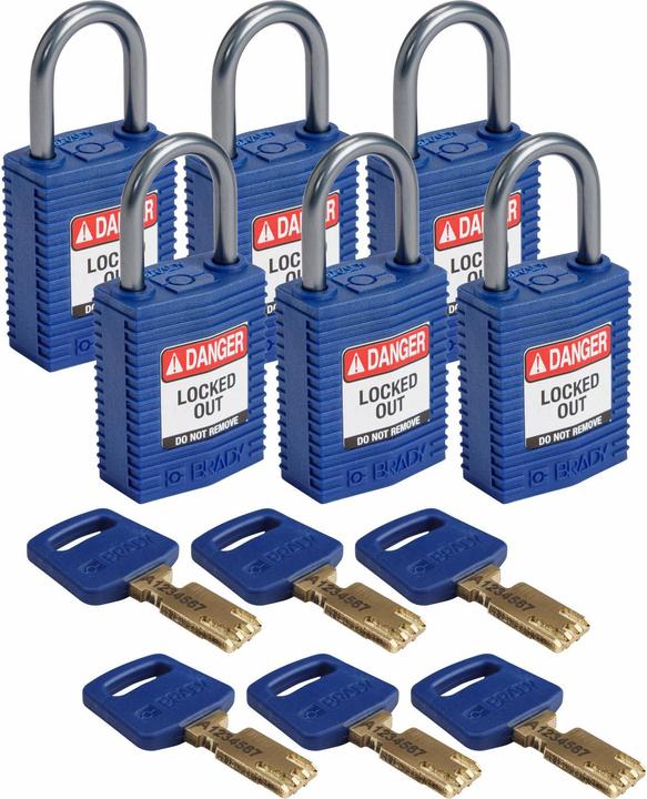 Produktbild Brady Safekey Kompaktes Nylon-Sicherheitsschloss mit Aluminiumbügel, Blau, 25 mm Bügelhöhe, 4.7 mm