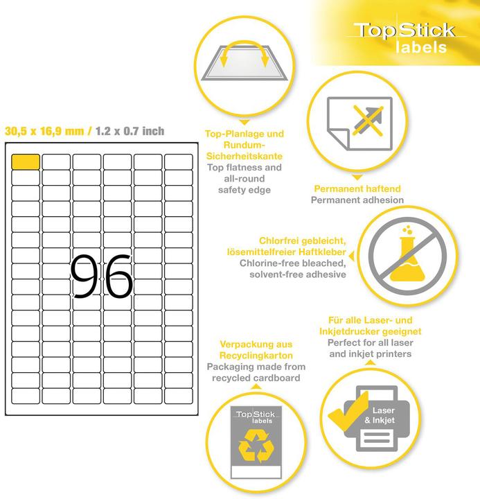 Produktbild TopStick TOP STICK Universal-Etiketten, 30,5 x 16,9 mm, weiá, 100 Bl.