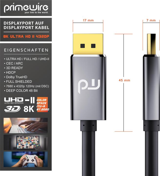 Actual product image Primewire DisplayPort Cable, DP 1.4, Premium Monitor Cable 8K 7680 x 4320 @ 60 Hz - 4k @ 120 Hz with DSC (1 m, DisplayPort, 1.4)