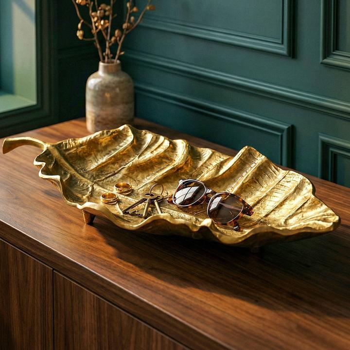 Produktbild FineBuy Dekoschale Blatt Aluminium Schale 67cm Tischdeko Alu Metall Wohnaccessoire Lang