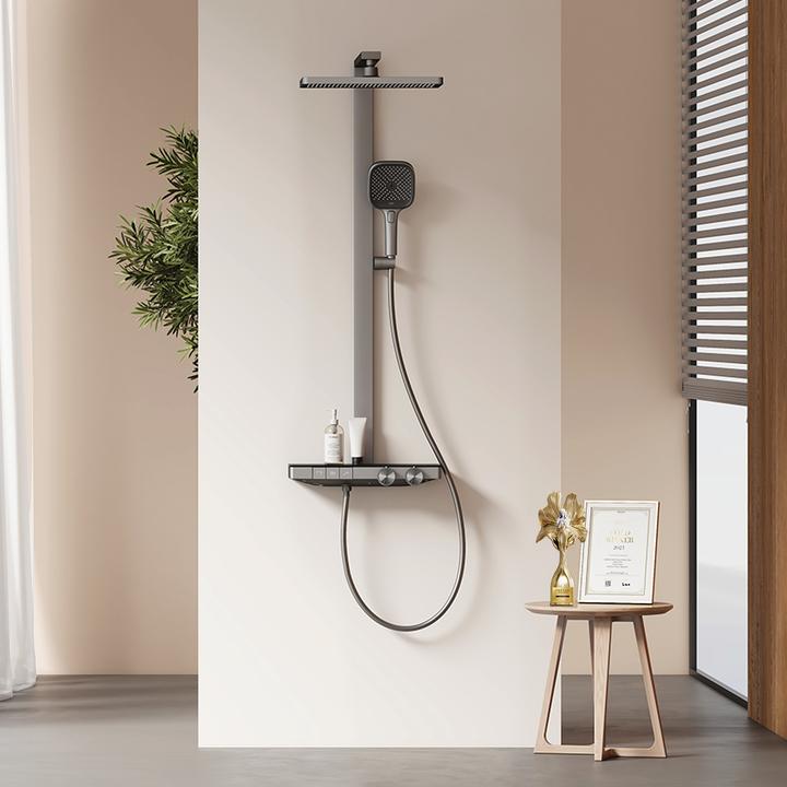 Produktbild Emke Duschsystem mit Thermostat Anthrazit Matt Einstellbarer Durchfluss 4-Strahl Handbrause inkl Brausest